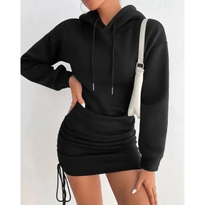 3 iplik şardonlu kapşonlu elbise siyah