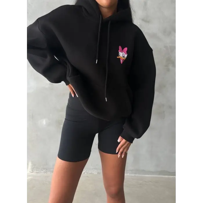 3 iplik şardonlu oversize compact ördek baskılı sweat siyah