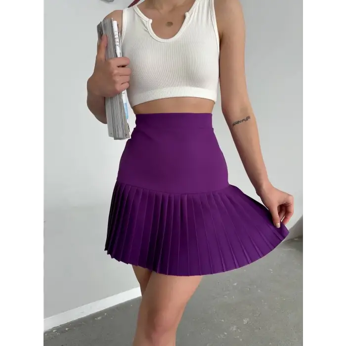 Altı pliseli mini etek Mor s24705