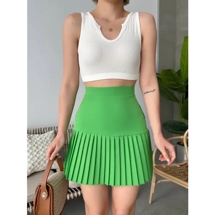 Altı pliseli mini etek yeşil s24705