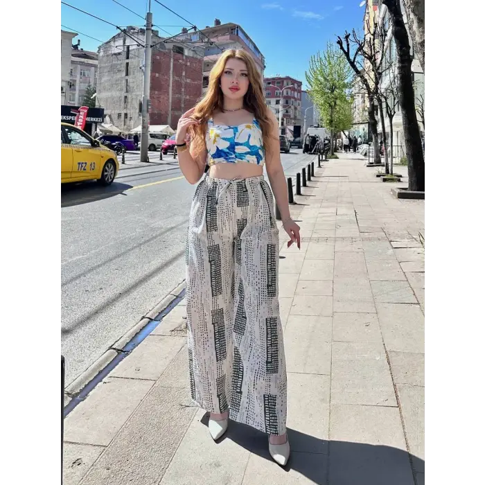 Baskılı Bağcıklı keten pantolon krem