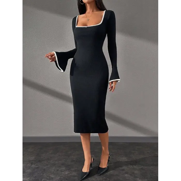 Biyeli midi boy elbise siyah A3718