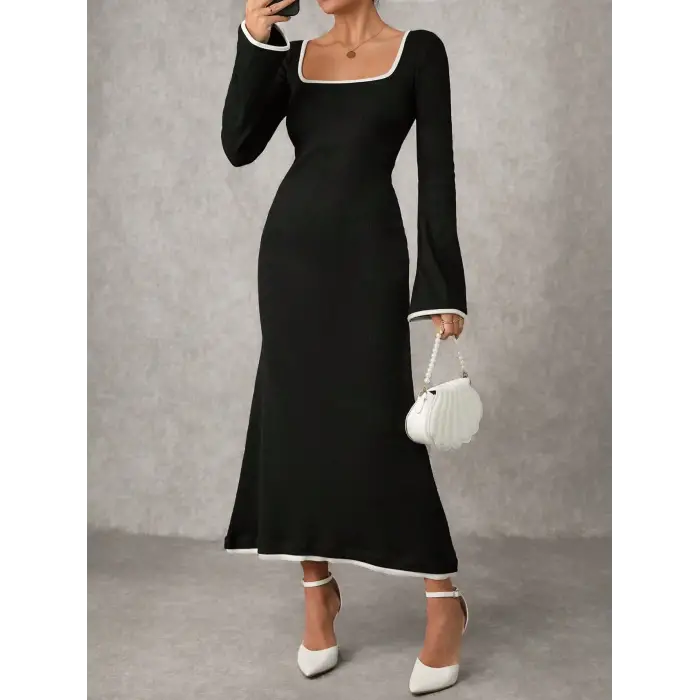 Biyeli uzun elbise siyah