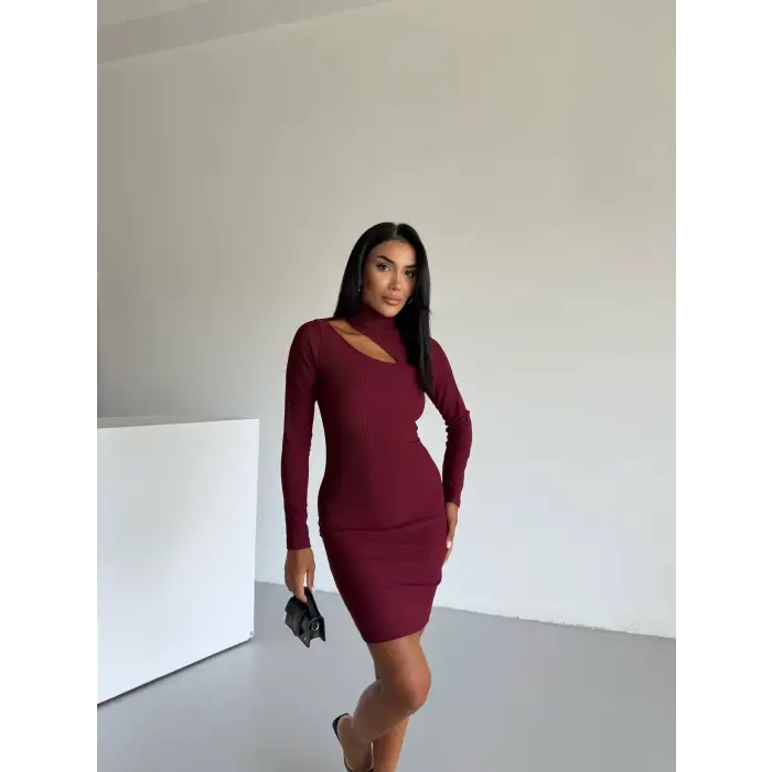 Boğazlı gögüs dekolteli elbise bordo f2333