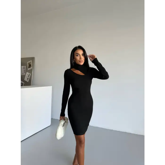 Boğazlı gögüs dekolteli elbise siyah f2333