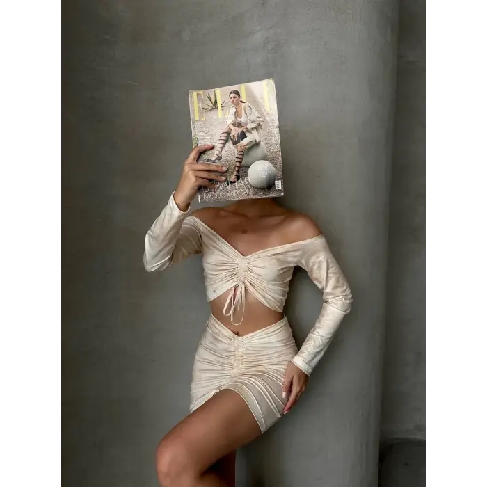 Büzgülü etek bluz takım bej s24709