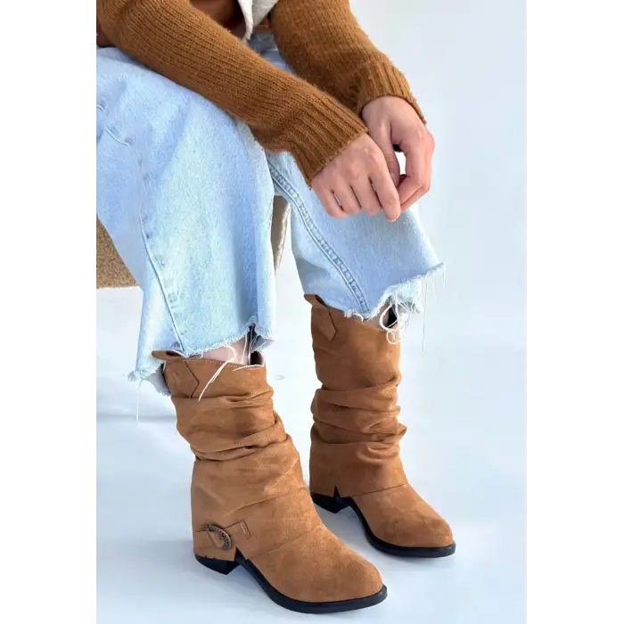 Canty Taba Süet Körüklü Topuklu Çizme