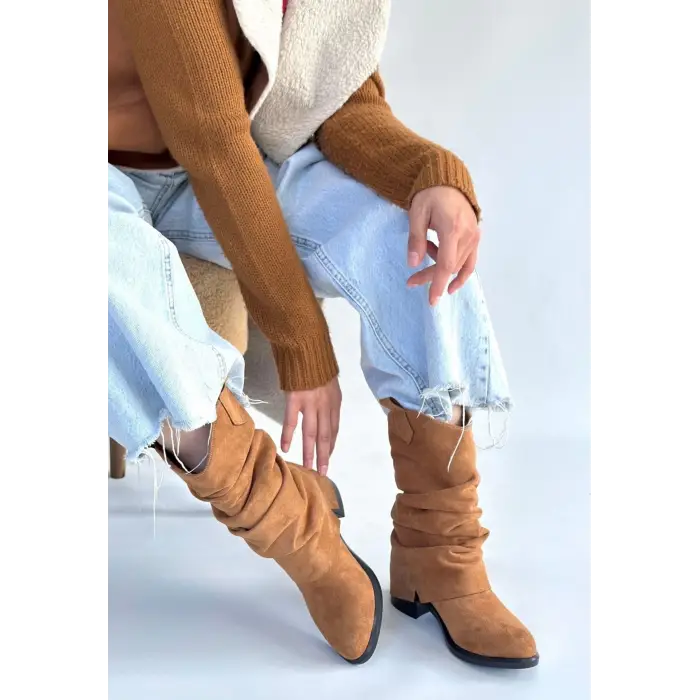 Canty Taba Süet Körüklü Topuklu Çizme