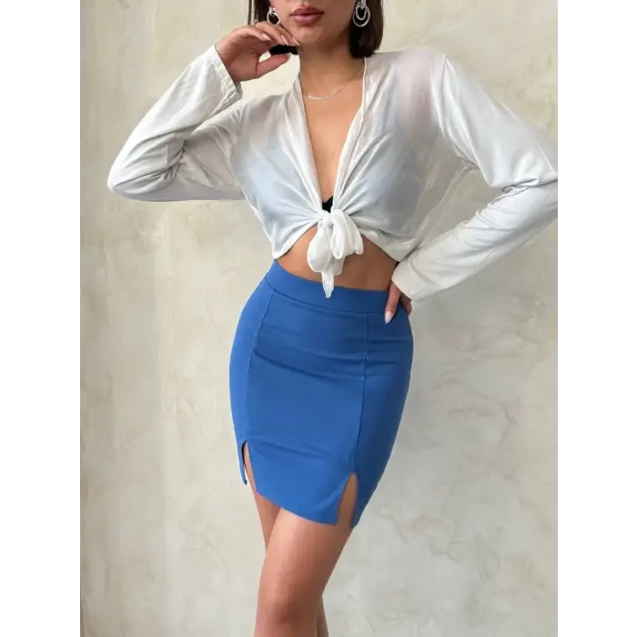 Çift yırtmaçlı etek indigo s25910