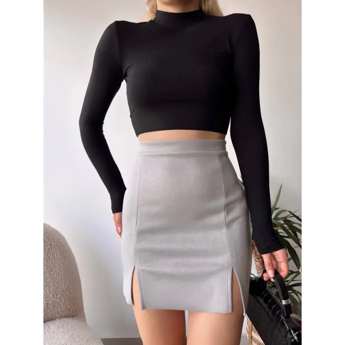 Çift yurtmaçlı süet etek gri s241002