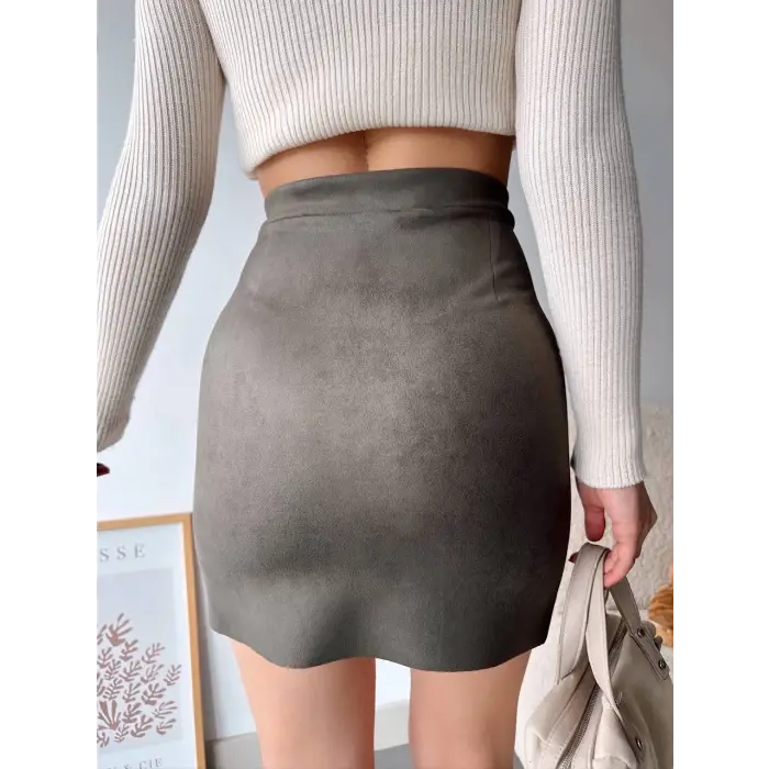 Çift yurtmaçlı süet etek haki s241002