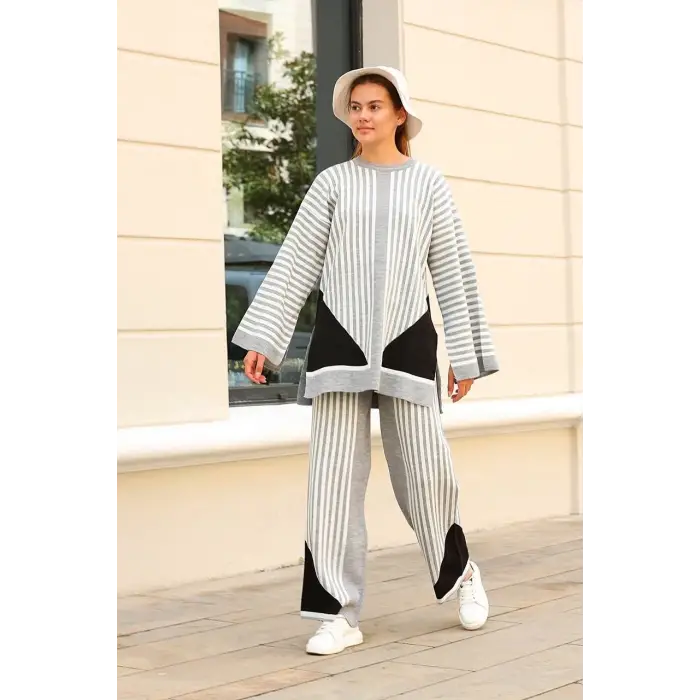 Çizgili bisiklet yaka triko takım Gri