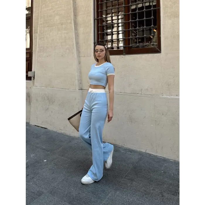 Crop pantolon biyeli takım mavi