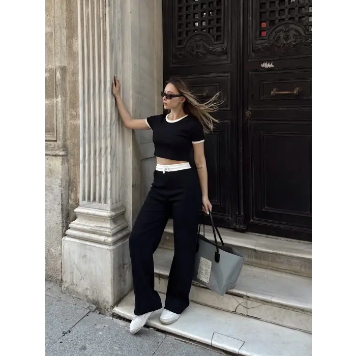 Crop pantolon biyeli takım siyah
