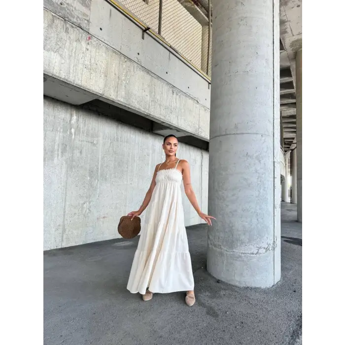 Dantelli askılı keten elbise s4310