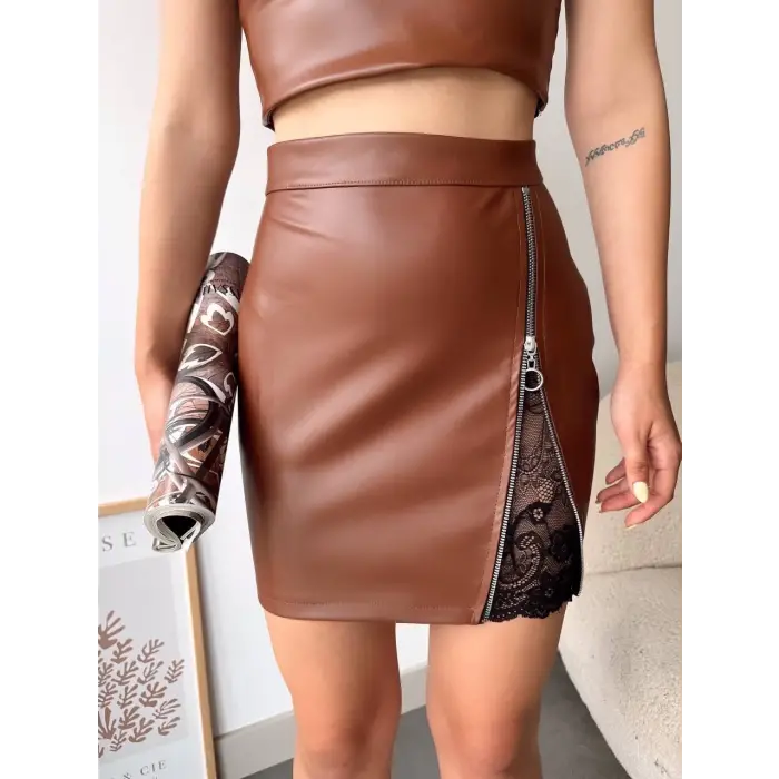 Dantelli fermuarlı deri etek kahve w24598