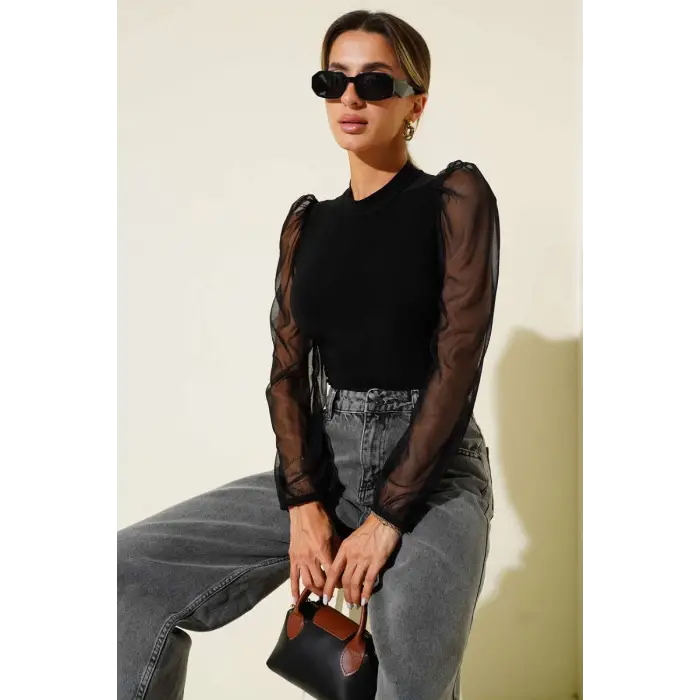 Dik yaka tül kollu bluz siyah t3066