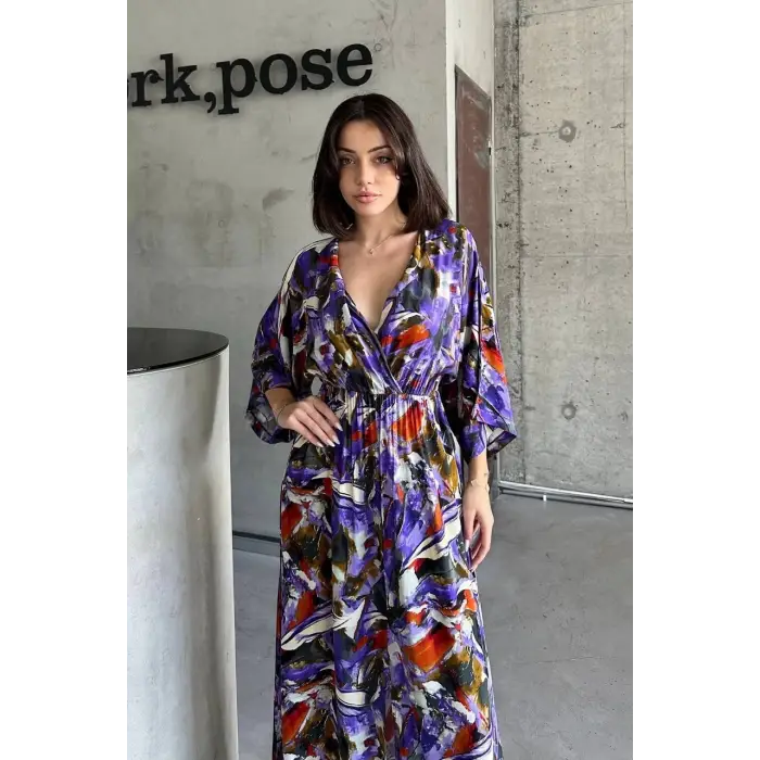 Dokuma baskılı yarasa kol elbise s8124