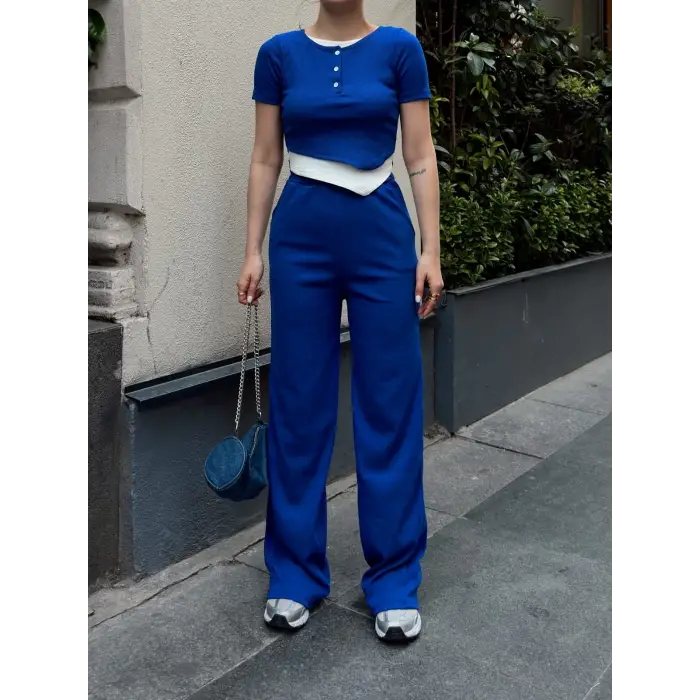 Düğme yakalı saks alt üst takım s3943