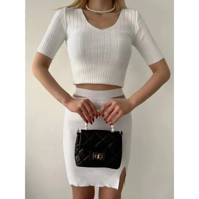 Etekli triko takım beyaz t23107