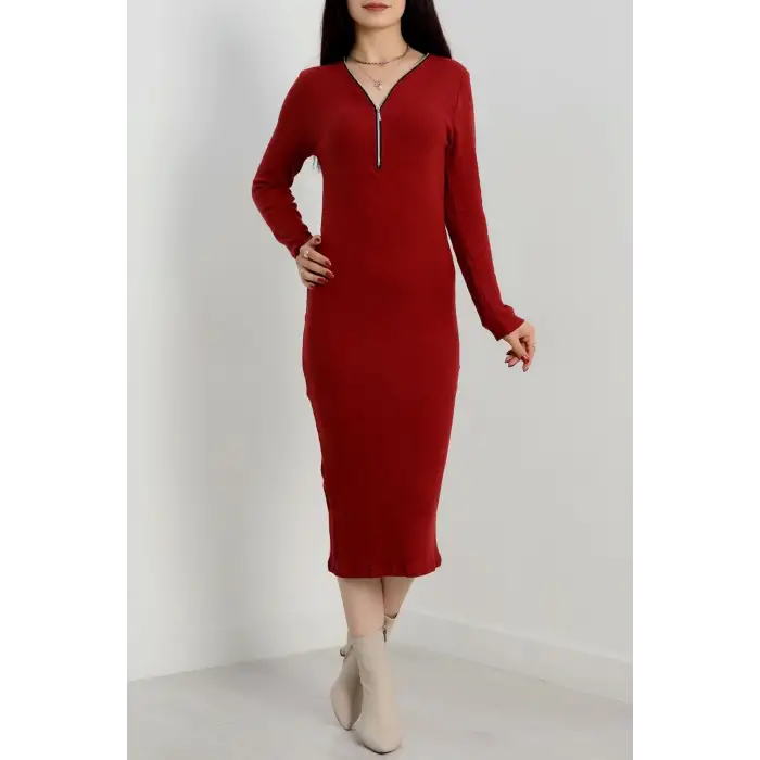 Fermuar detaylı fitilli şardonlu elbise bordo a3178