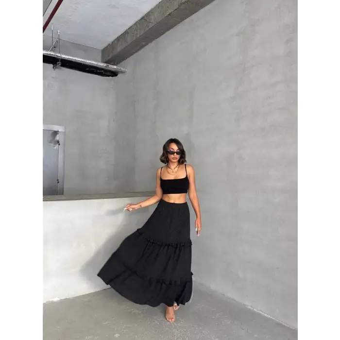 Fırfırlı brodeli astarlı uzun etek siyah s255047