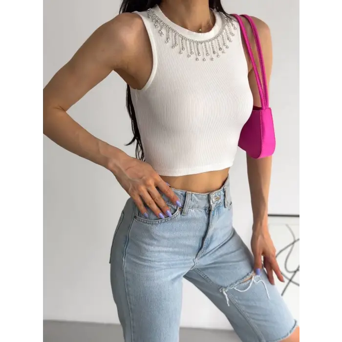 fitilli kaşkorse yakası zincirli atlet beyaz