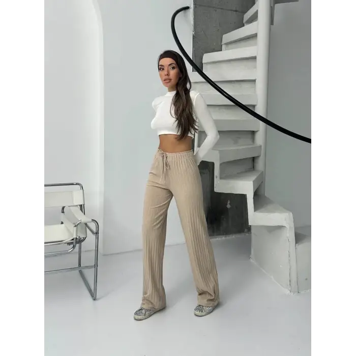 Fitilli şardonlu pantolon bej a4058