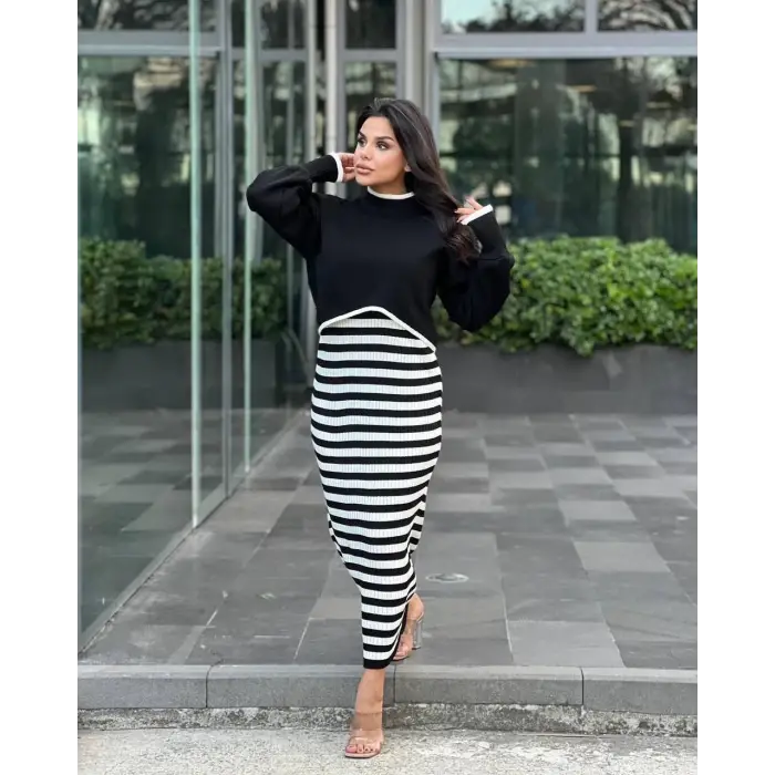 İkili triko elbise takım siyah beyaz