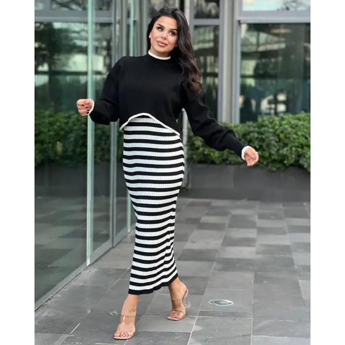 İkili triko elbise takım siyah beyaz