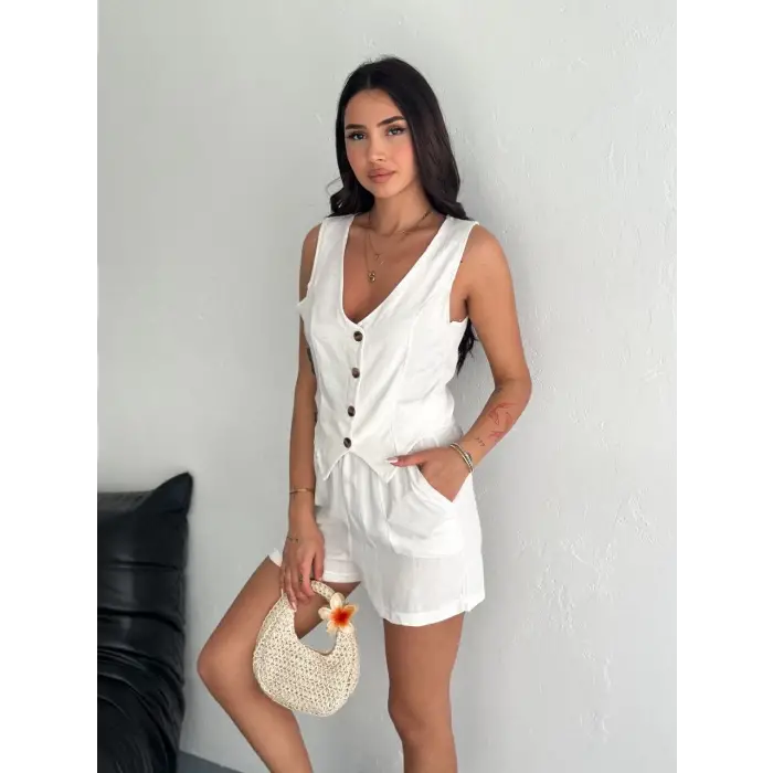 Kadın keten şort yelek takım s3461