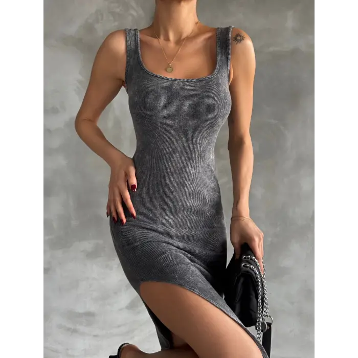 Kaşkorse aşit yıkamalı yırtmaçlı elbise