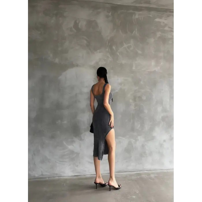 Kaşkorse aşit yıkamalı yırtmaçlı elbise