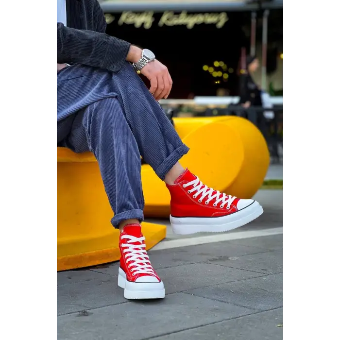 KB-CX-3 Kuback Uzun Kırmızı Keten Beyaz Yüksek Taban Spor Ayakkabı