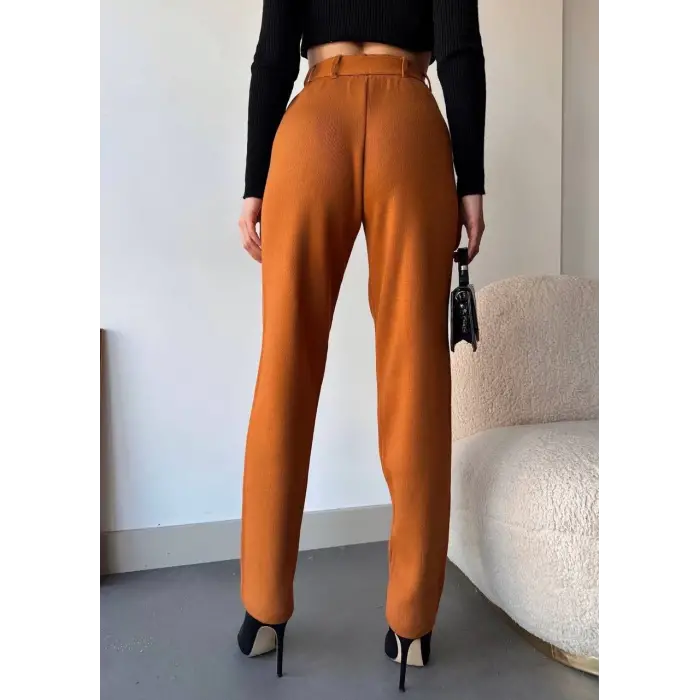 Kendinden kemerli triko pantolon camel