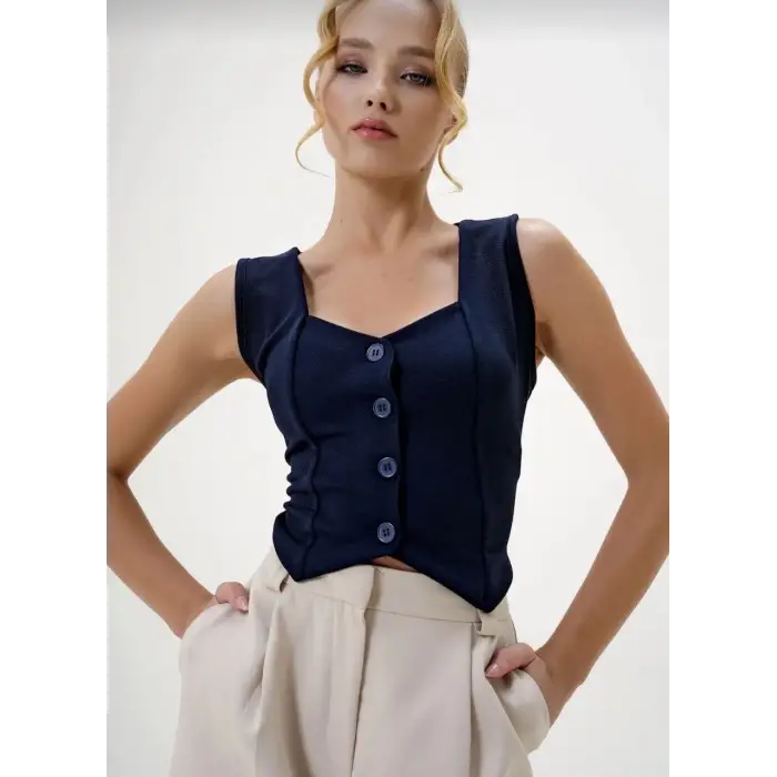 Krep kumaş düğmeli yelek lacivert s3395