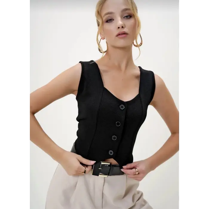 Krep kumaş düğmeli yelek siyah s3395