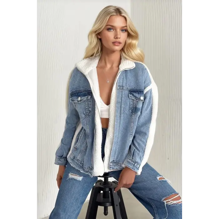 Kürklü kot ceket mavi t7009