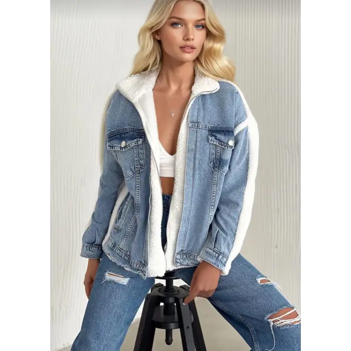 Kürklü kot ceket mavi t7009