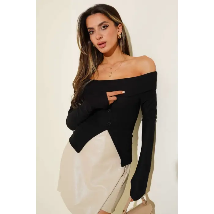 Madonna Yaka Düğmeli Bluz siyah t4329