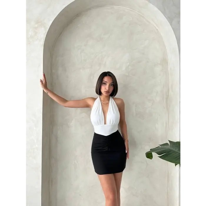 Önü büzgülü etek siyah s24222