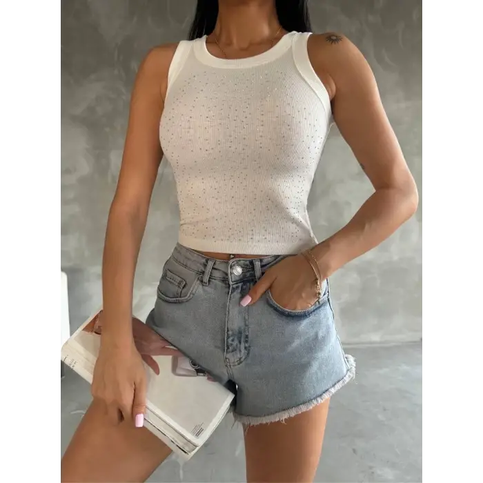 Önü taşlı atlet beyaz s081