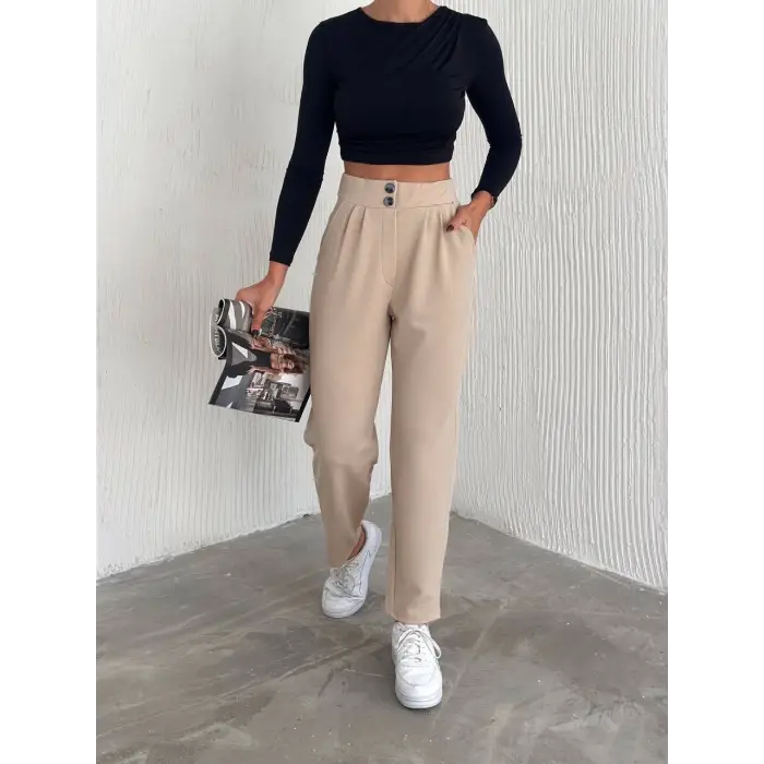 örme krep pantolon çift düğmeli