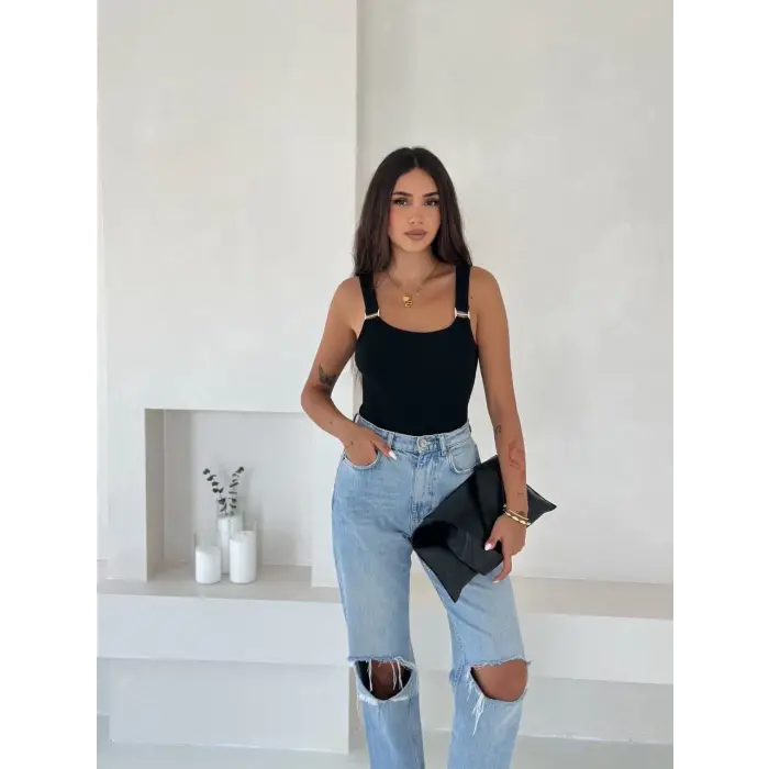 Ottoman toka askılı bluz siyah s4194