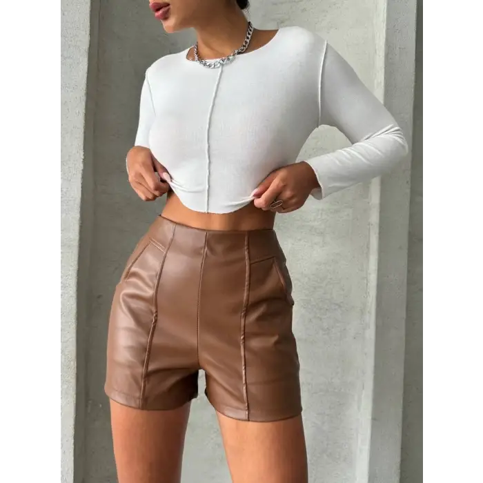 Parçalı cepli deri şort taba w26312