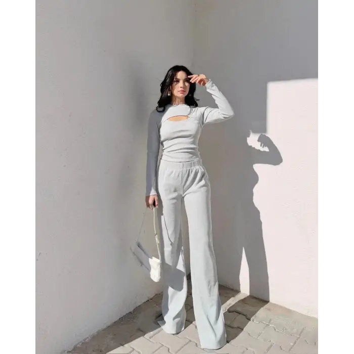 Pencereli detaylı alt üst takım gri w3864