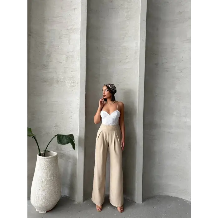 Pileli keten pantolon s255046