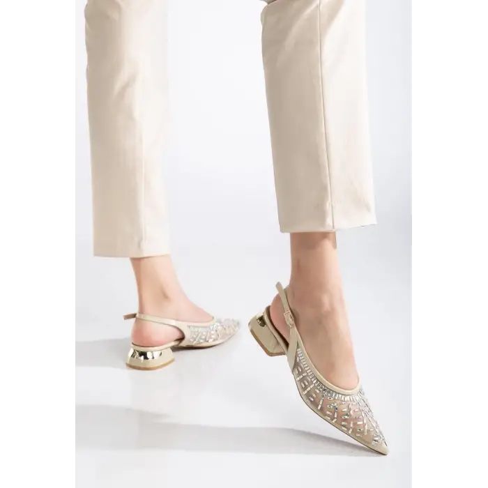 Piyar Bej Taşlı Topuklu Ayakkabı