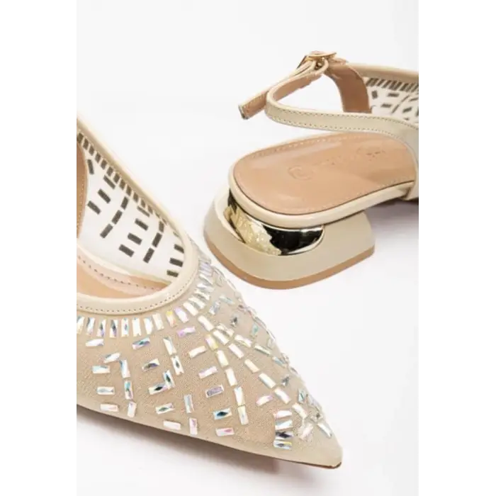 Piyar Bej Taşlı Topuklu Ayakkabı