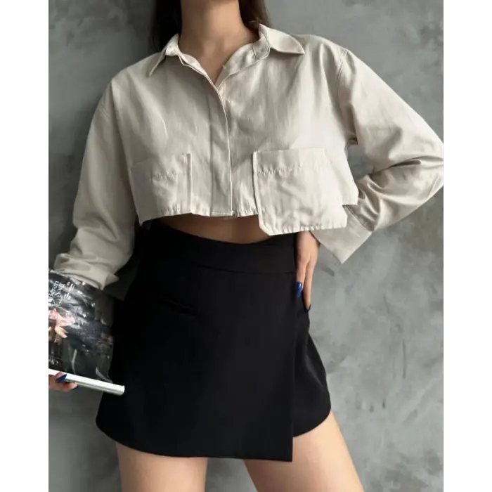 Poplin crop gömlek bej s3060